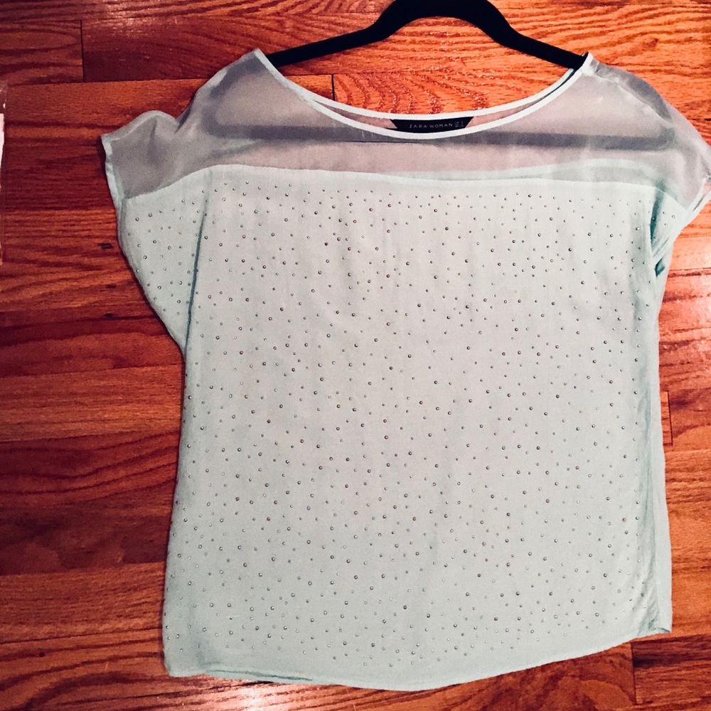 ZARA SEAFOAM STUDDED BLOUSE